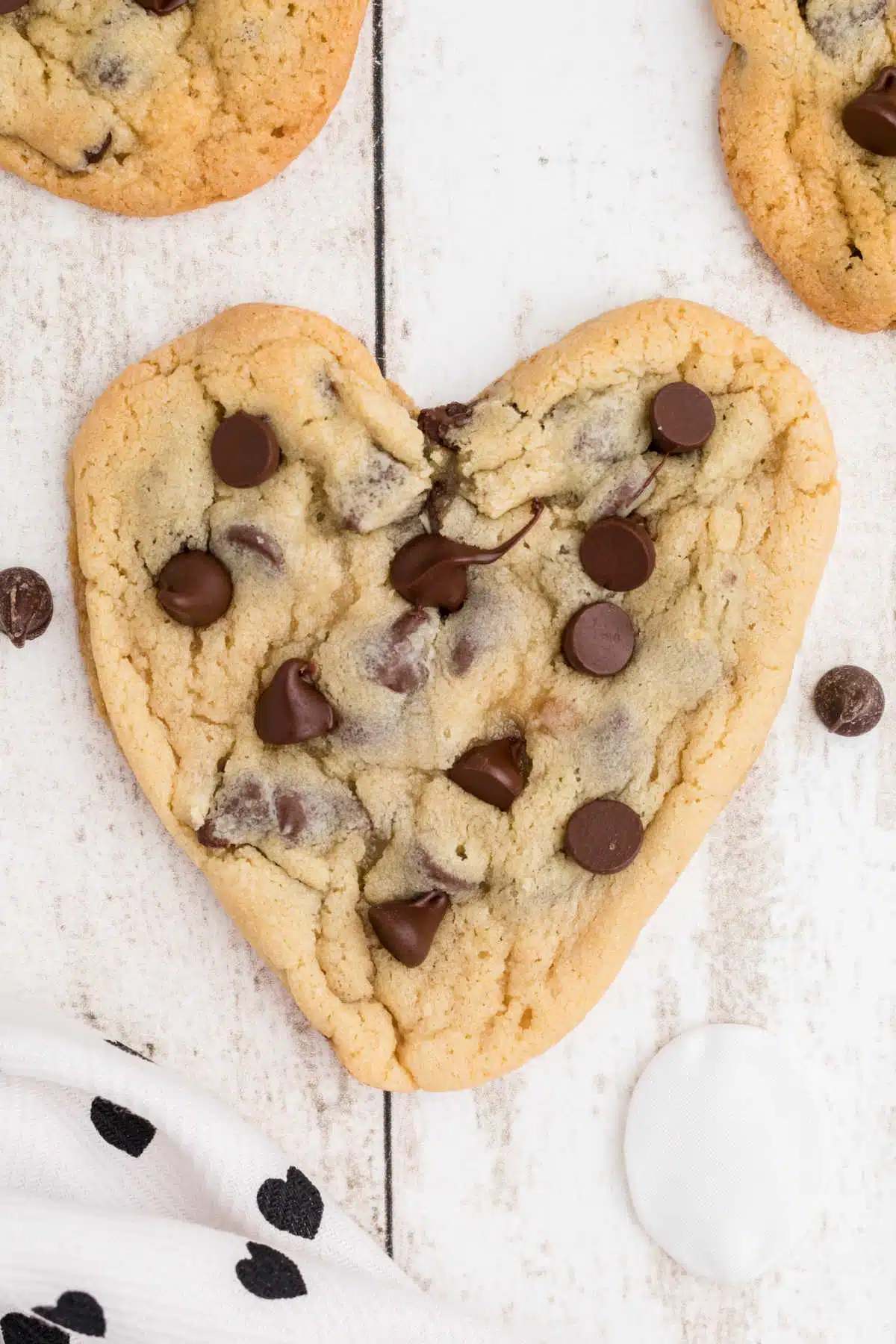 A close up of a chocolate chip cookie.