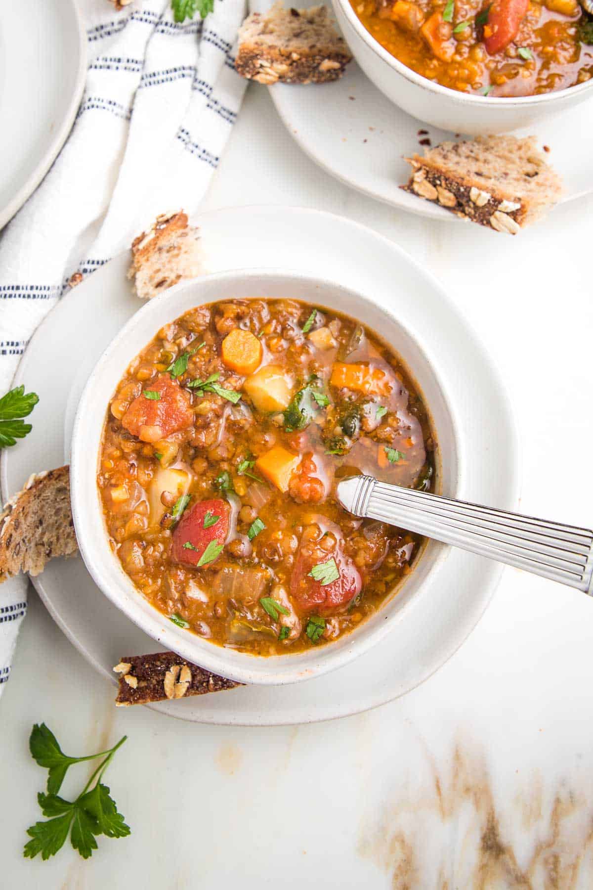 A bowl of lentil soup.