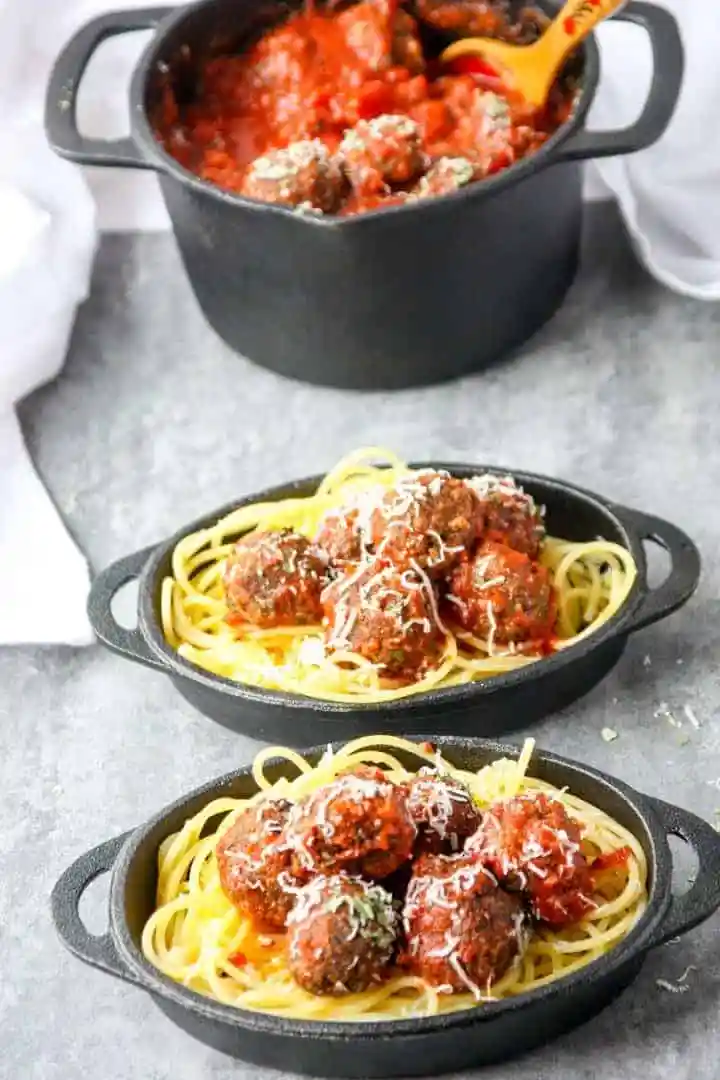 Mushroom meatballs on pasta.