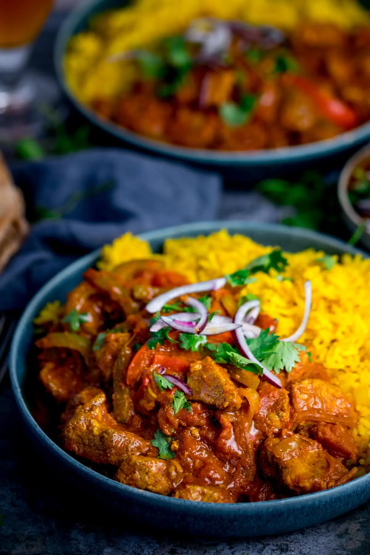 Chicken jalfrezi with yellow rice.