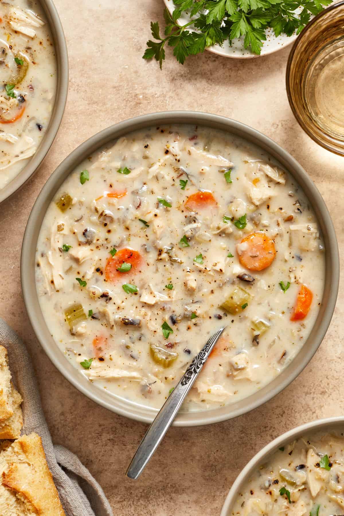 Creamy slow cooker chicken and rice soup.