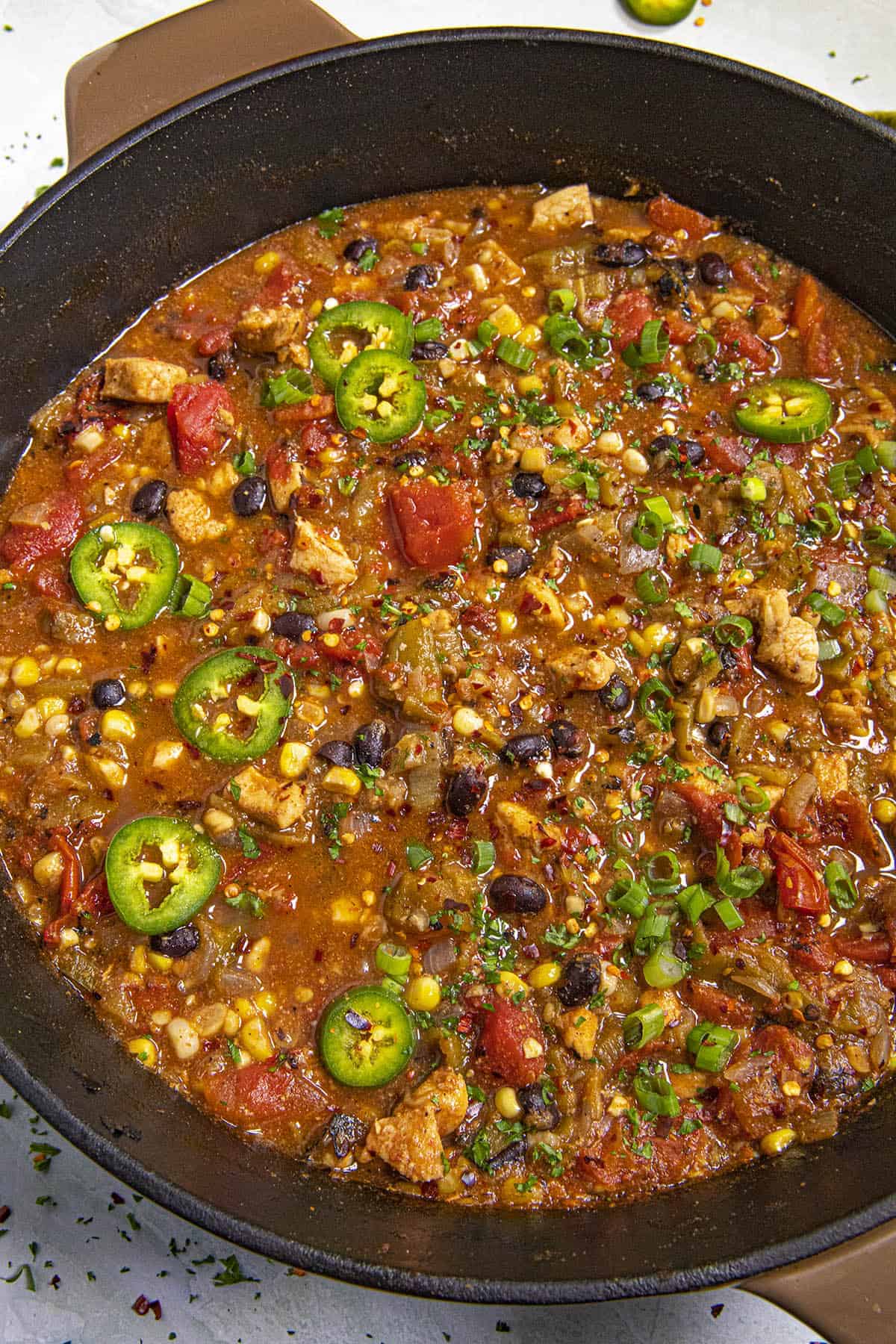A pot of thick Southwest chicken soup.