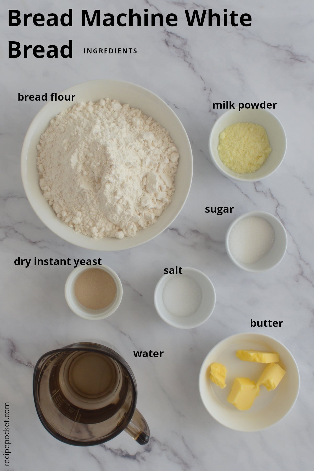 Image showing ingredients needed to make this bread machine white bread recipe.