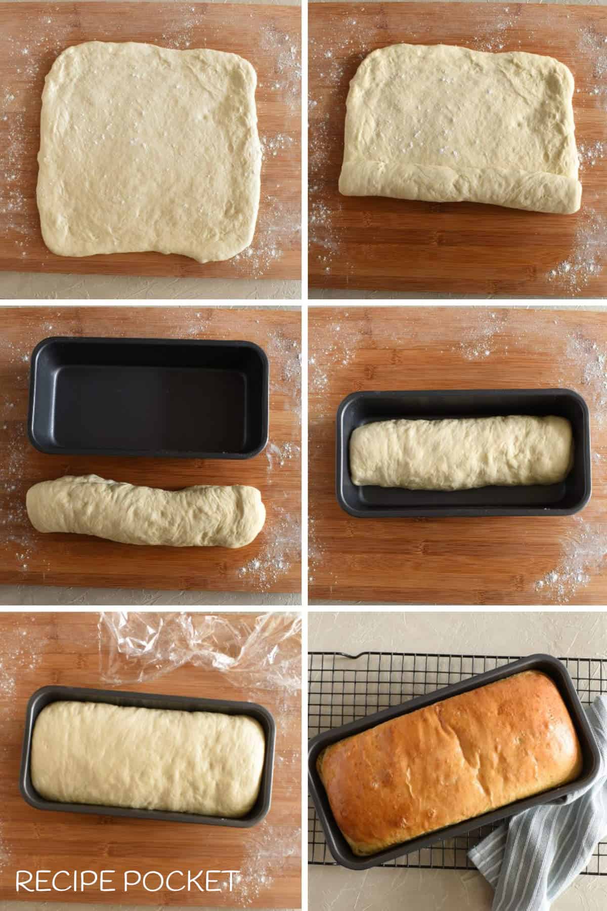 Image collage showing how to shape bread dough to fit in a bread tin.