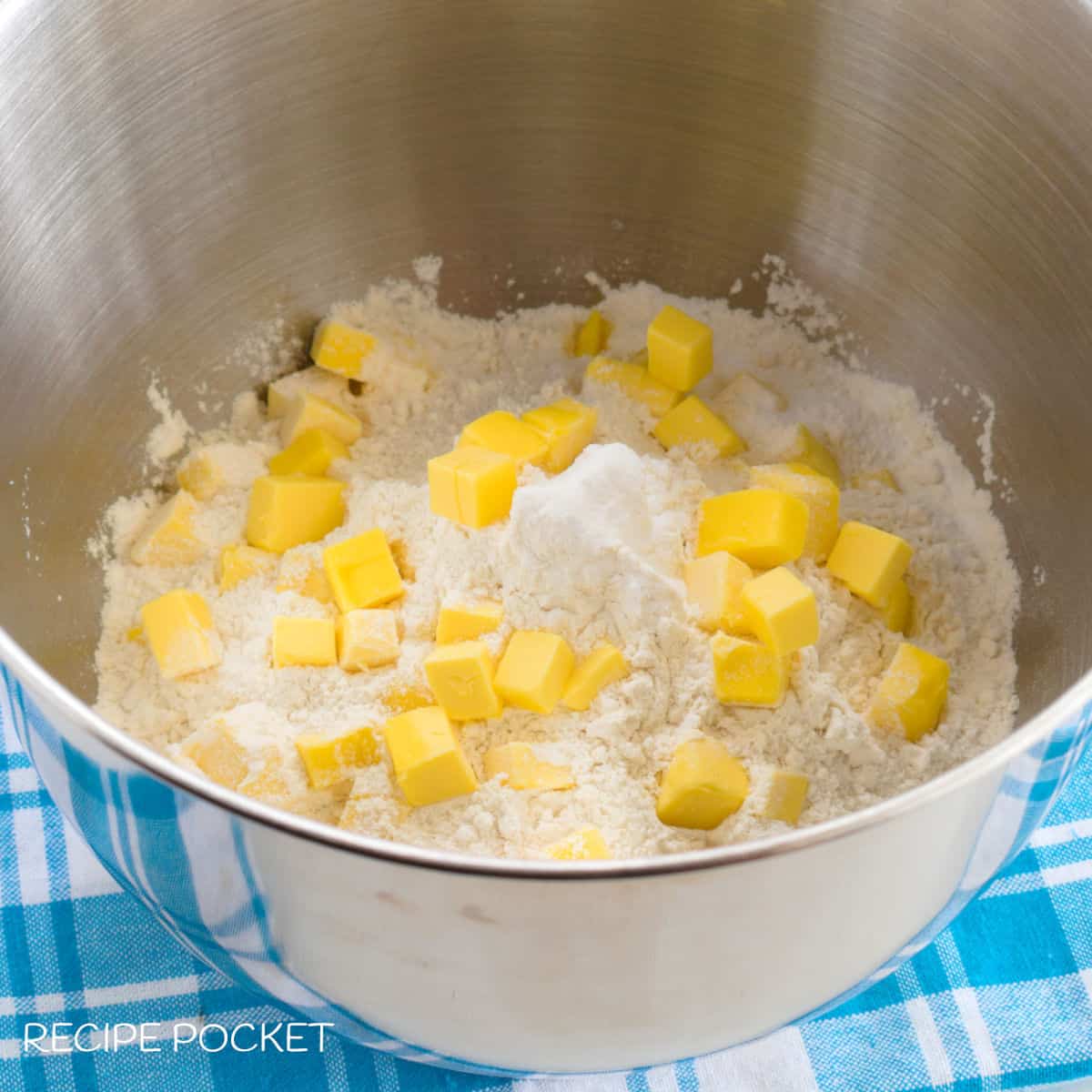 Butter and dry ingredients in a bowl.