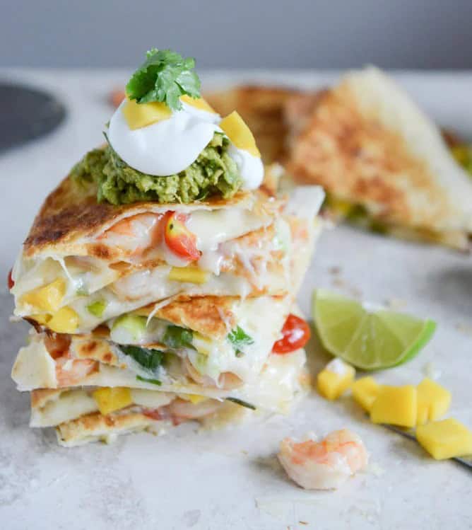 Chipotle beer shrimp quesadillas.