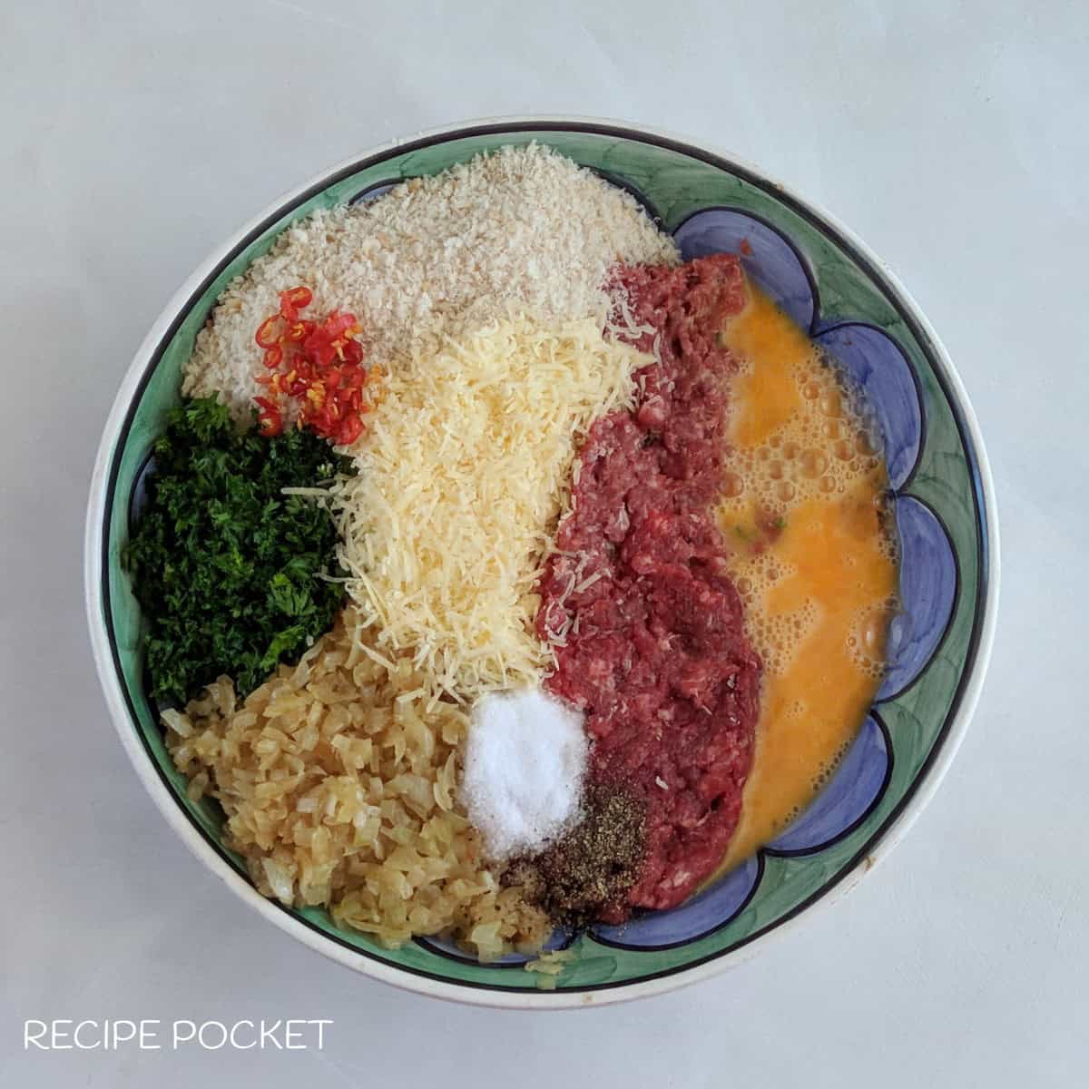 Ingredients for meatballs and a mixing bowl.